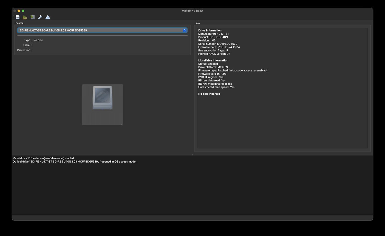 MakeMKV on Mac showing LibreDrive Status: Enabled
