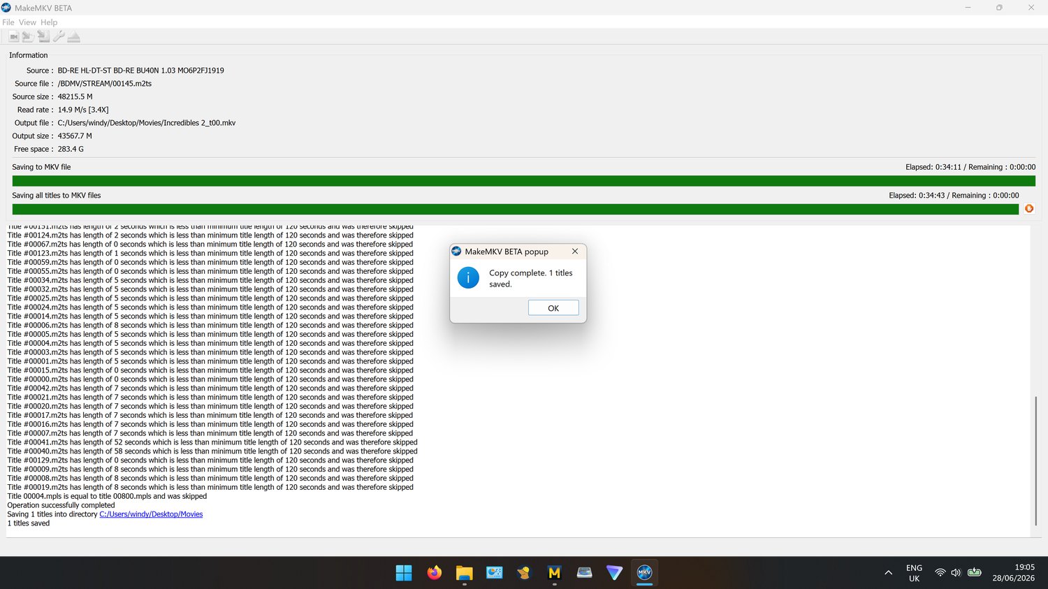 MakeMKV processing a disc on Windows